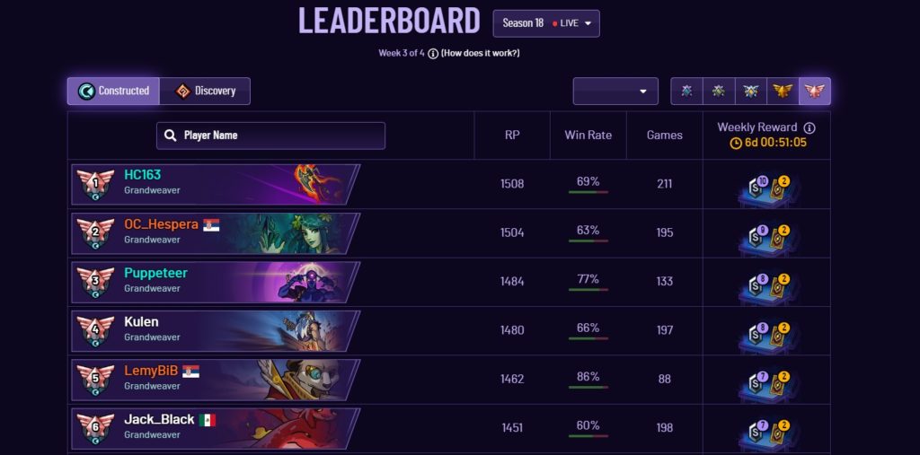 Screen of the leaderboard in season 18